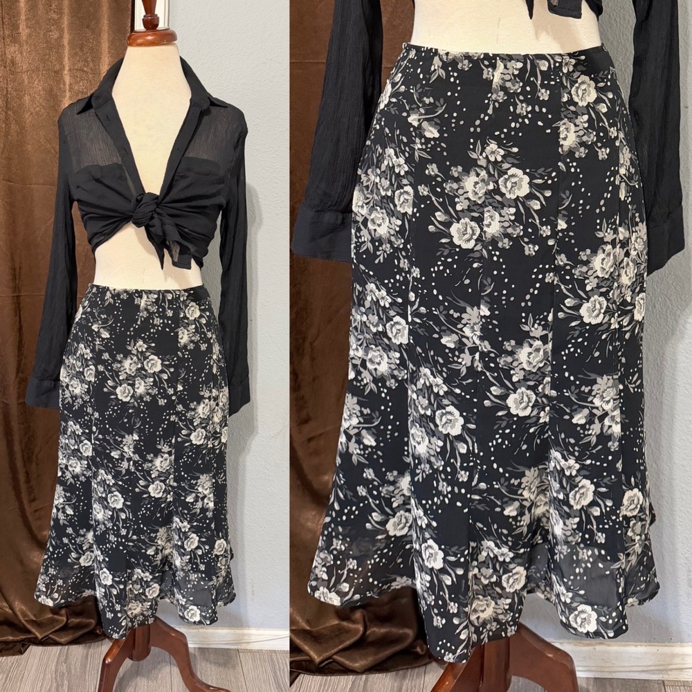 Fairy Cottagecore Midi Skirt Sz 8 Black White Floral Polka Dot Midi Trumpet Goth